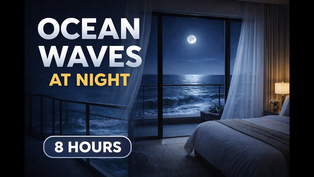 Ocean Waves at Night from a Luxury Hotel Room – 8 Hours of Calm Sleep Sounds (4K)