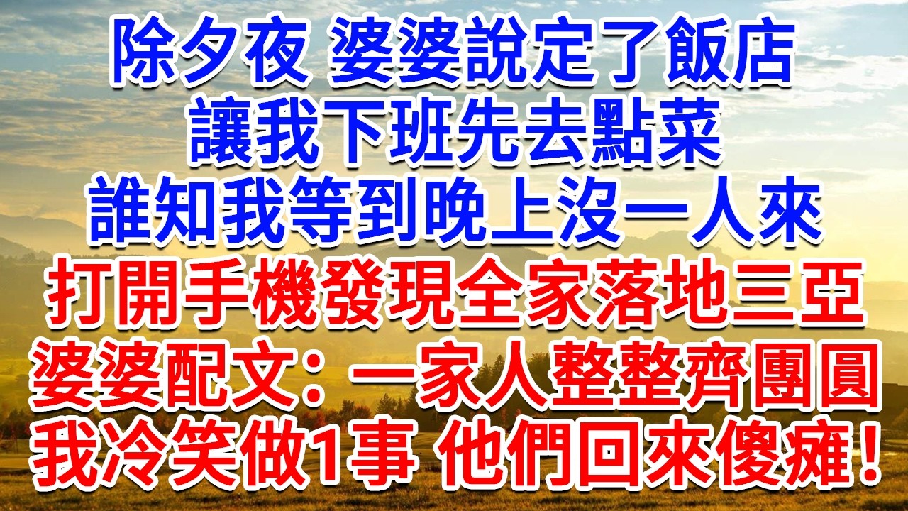 除夕夜婆婆說定了飯店，讓我下班先去點菜，誰知道我等到晚上沒人來，打開手機發現全家落地三亞，婆婆配文：一家人整整齊團圓，我冷笑做1事他們回來傻眼了！#生活經驗#情感故事#故事#小說#戀愛#情感#婚姻
