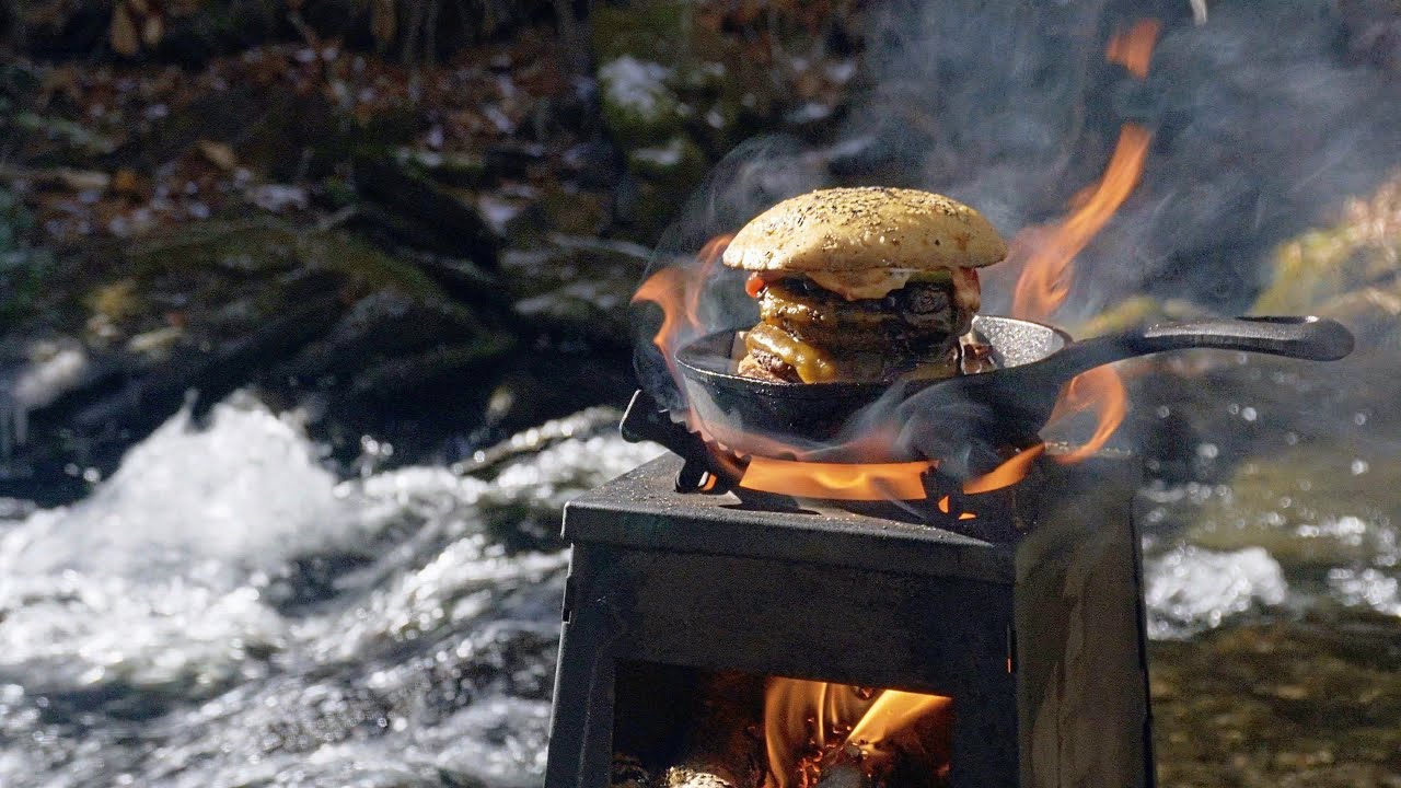 Double Cheeseburger Cooked in the Wilderness by an Icy Appalachian Creek | Wild Blueberry Soda