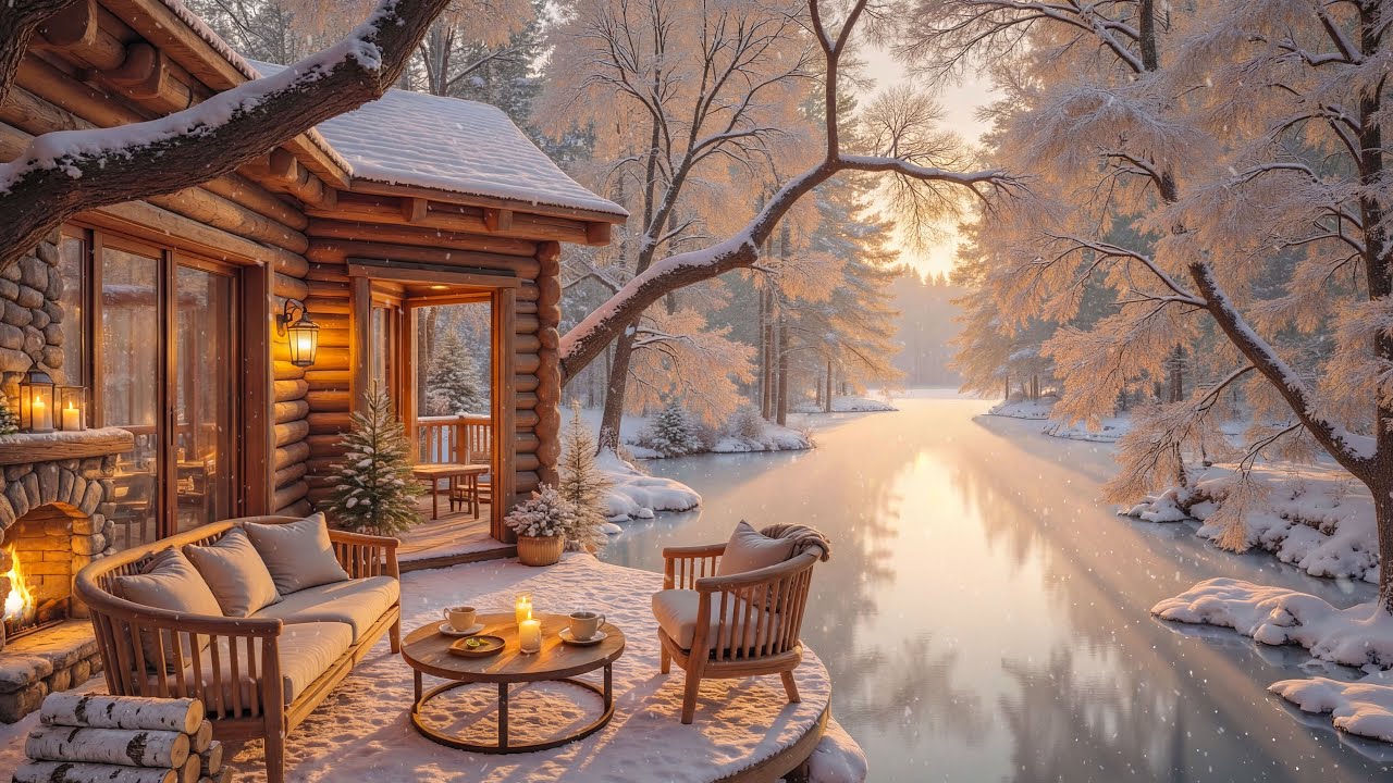Умиротворяющий берег реки в зимнем лесу ❄️🔥 Потрескивающий камин и снегопад создают идеальную атмос