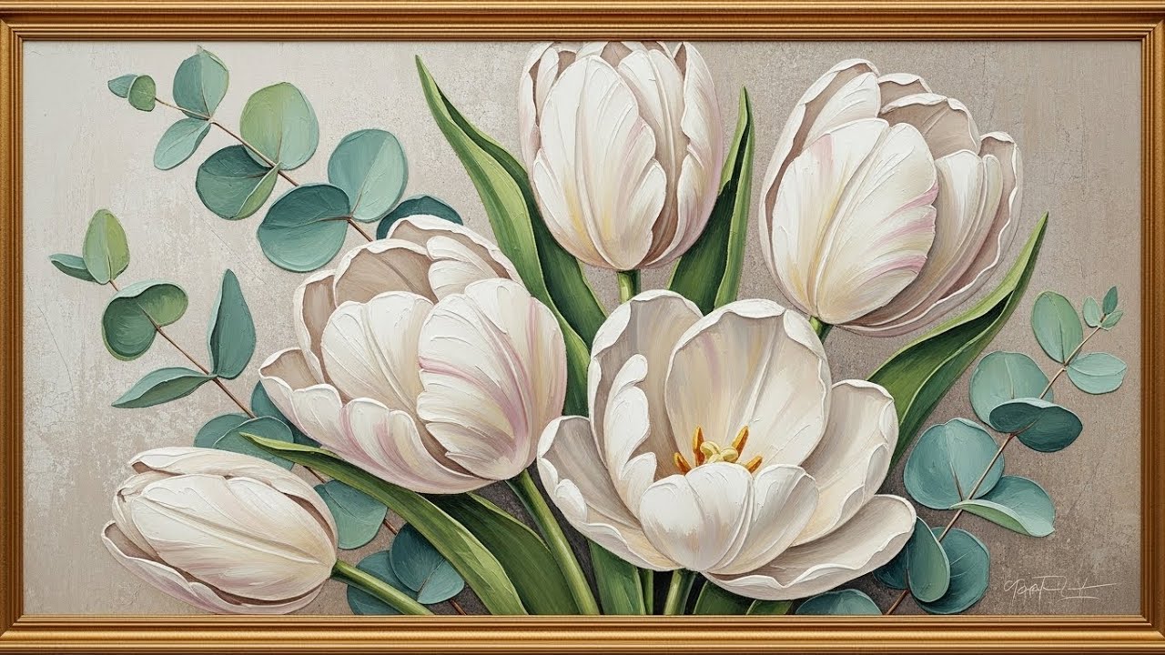 Background TV Art: Modern Farmhouse Floral Painting | 4K Frame TV Decor | White Tulips Oil Texture