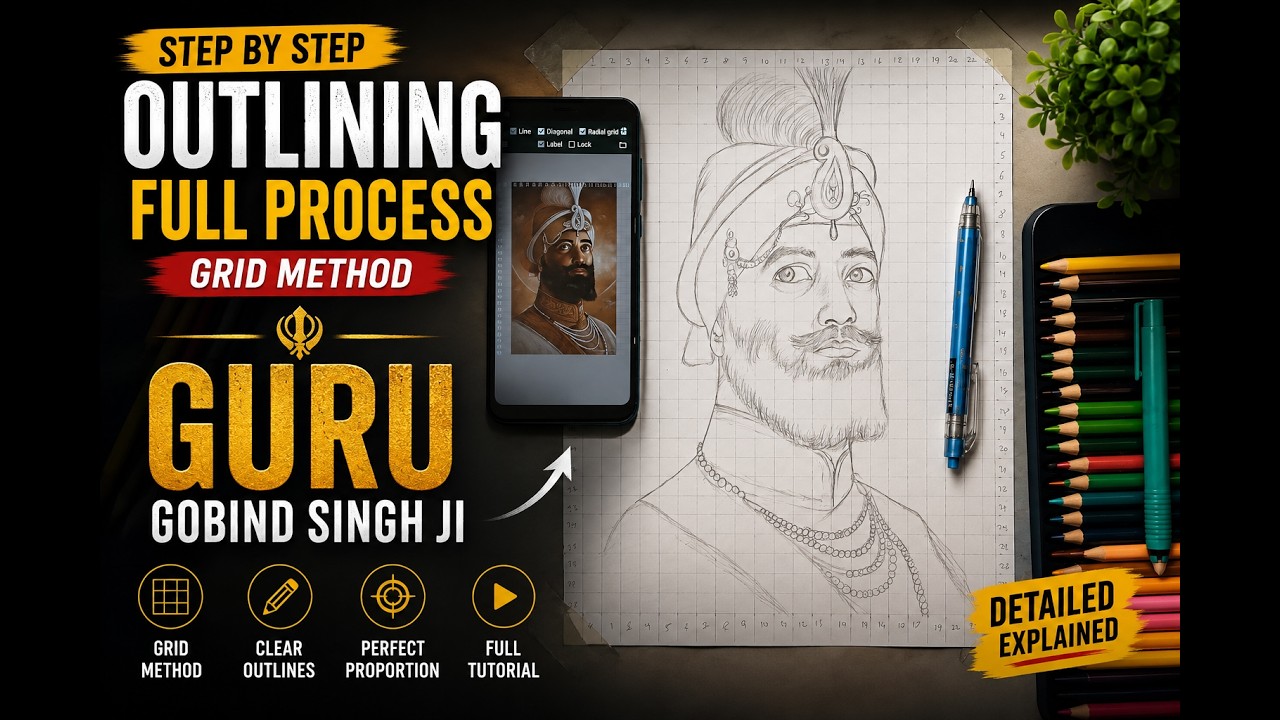 Shri Guru Gobind Singh Ji Outline Drawing | Full Grid Method Process | Step-By-Step Art #drawing