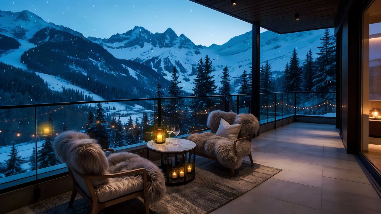 Cozy Winter Mountain View with Fireplace & Snow -  Relaxing Ambience for Sleep & Study