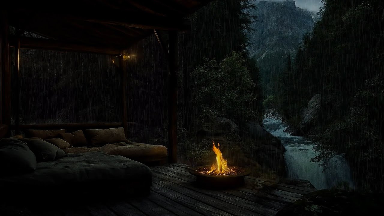 Relaxing on a Cozy Sofa by the Waterfall 🌧️ | Heavy Rain & Firepit ASMR for Meditation & Deep Rest