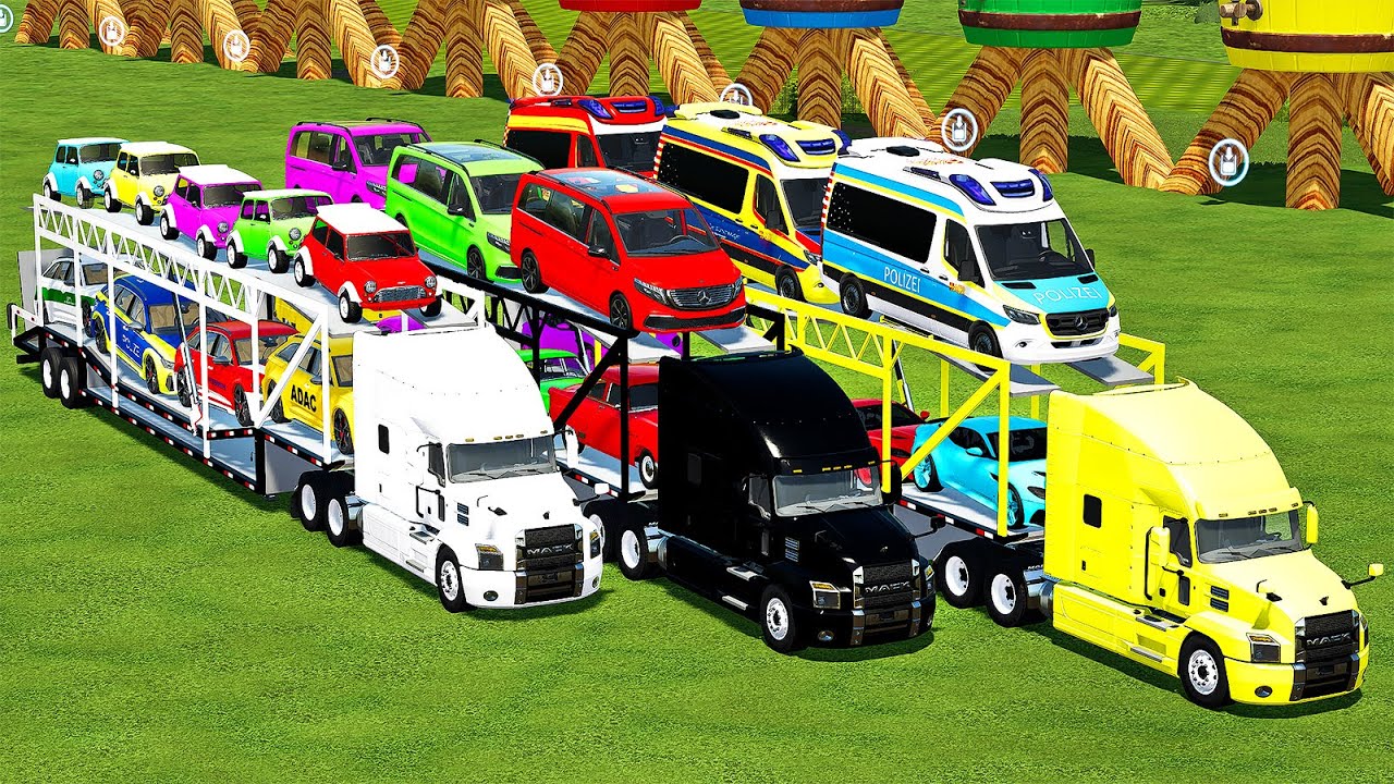 OVERSIZED TRANSPORT AMBULANCE, MINI COOPER, FORD, MERCEDES WITH MACK TRUCKS! Farming Simulator 22