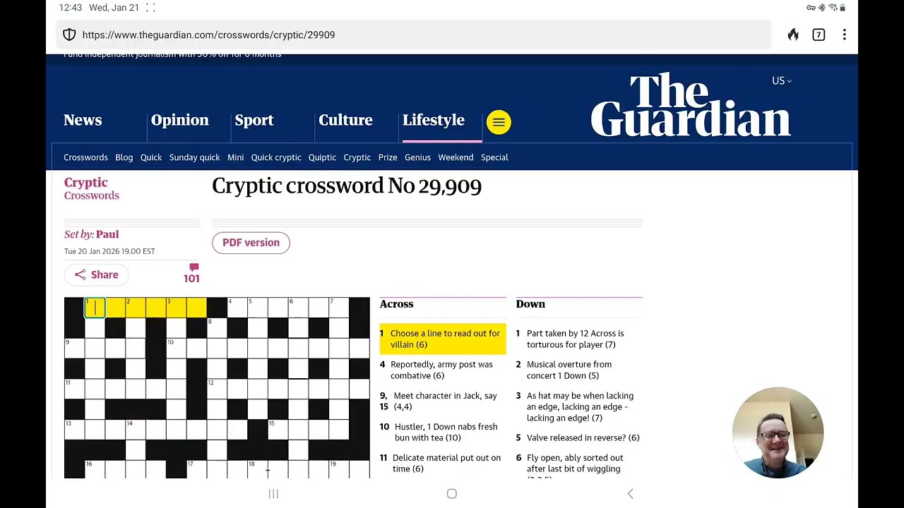 Guardian Cryptic Crossword (Wednesday, 21 January 2026)
