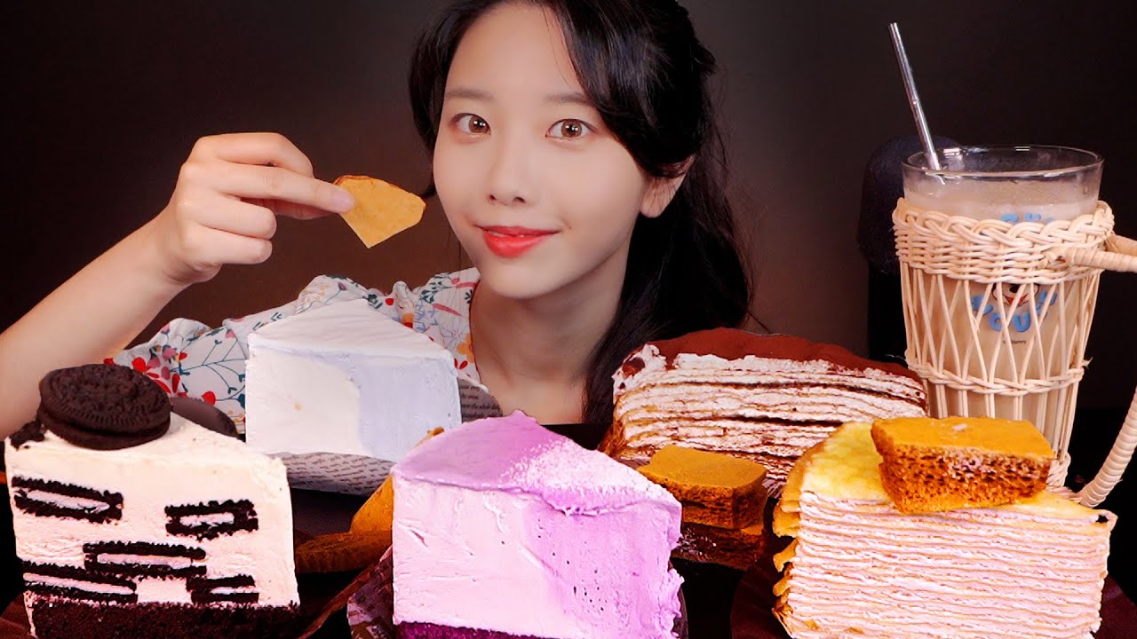 ASMR Soft Cake Sound Mukbang (Crepe, Cheese, Mousse Cake)