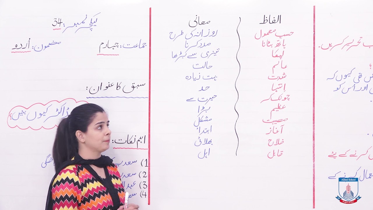Class 4 - Urdu - Lecture 34 - Ammi doctor ku ni baani -alfaaz maani- Allied Schools