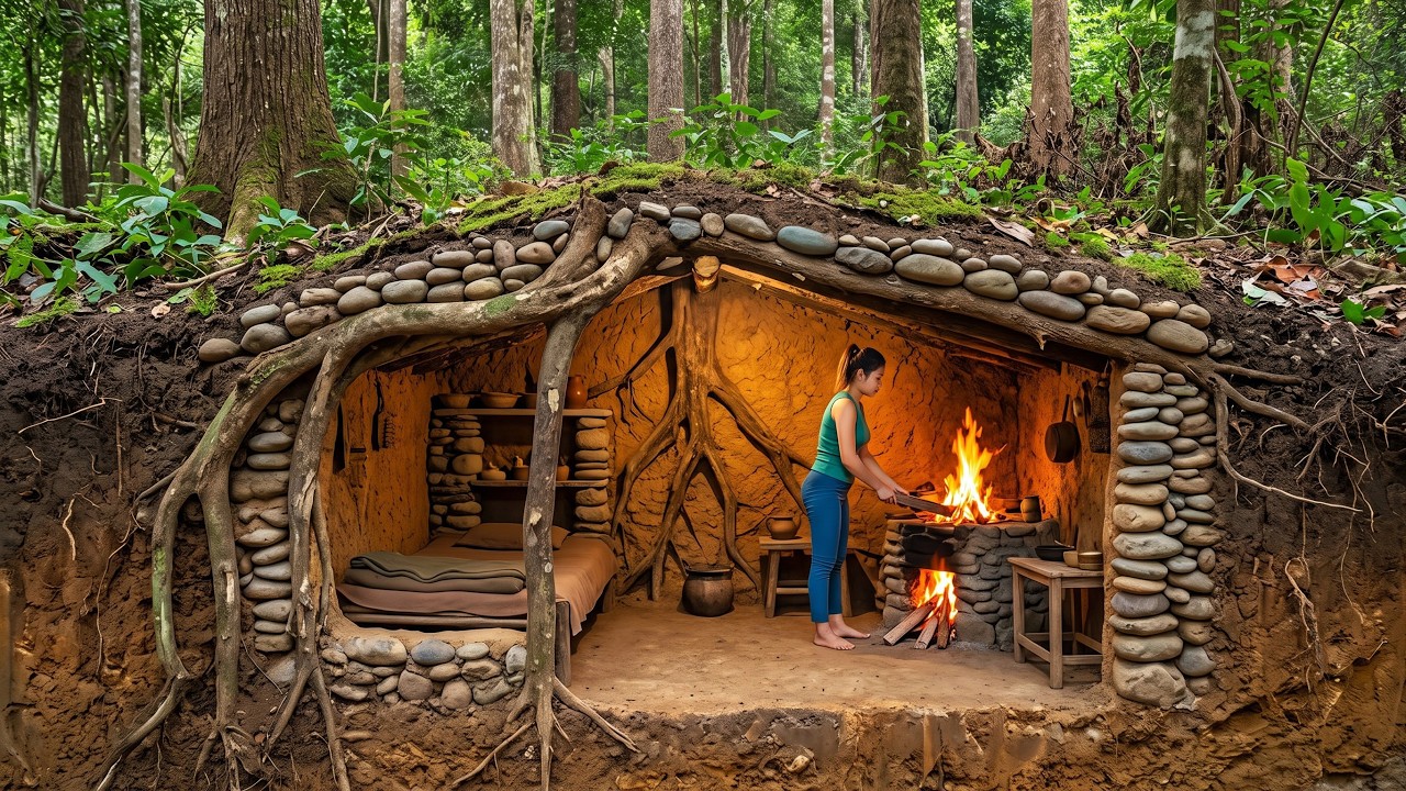 Secret Bushcraft Shelter: Building a Warm & Cozy Winter Cabin Under a Giant Oak
