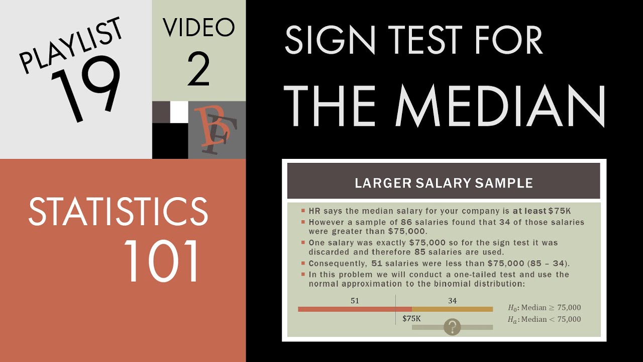 Statistics 101: Nonparametric Methods, Sign Test for Median Examples