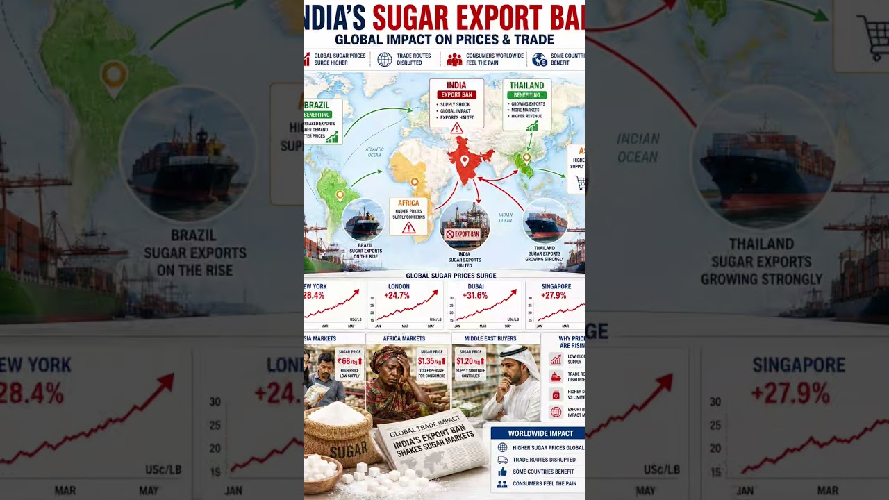 🌍 India&rsquo;s Sugar Export Ban Shocks Global Market | Brazil & Thailand May Benefit. Ban Till Sept 2026