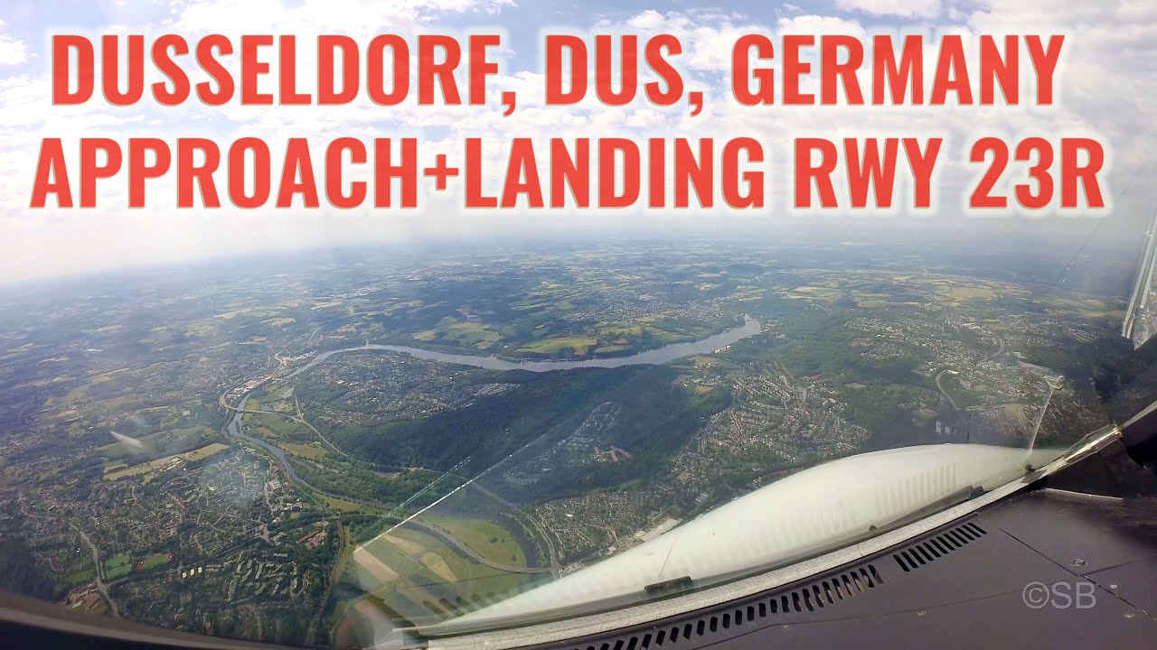 Dusseldorf airport, Germany: Approach and landing on runway 23R. DUS/EDDL. Airbus cockpit view. 4k.