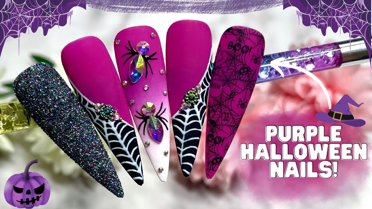 PURPLE SPIDER HALLOWEEN NAIL DESIGN| SPOOKY WITCH NAIL TUTORIAL| OMBRE NAILS| TRANSFER FOIL NAILS