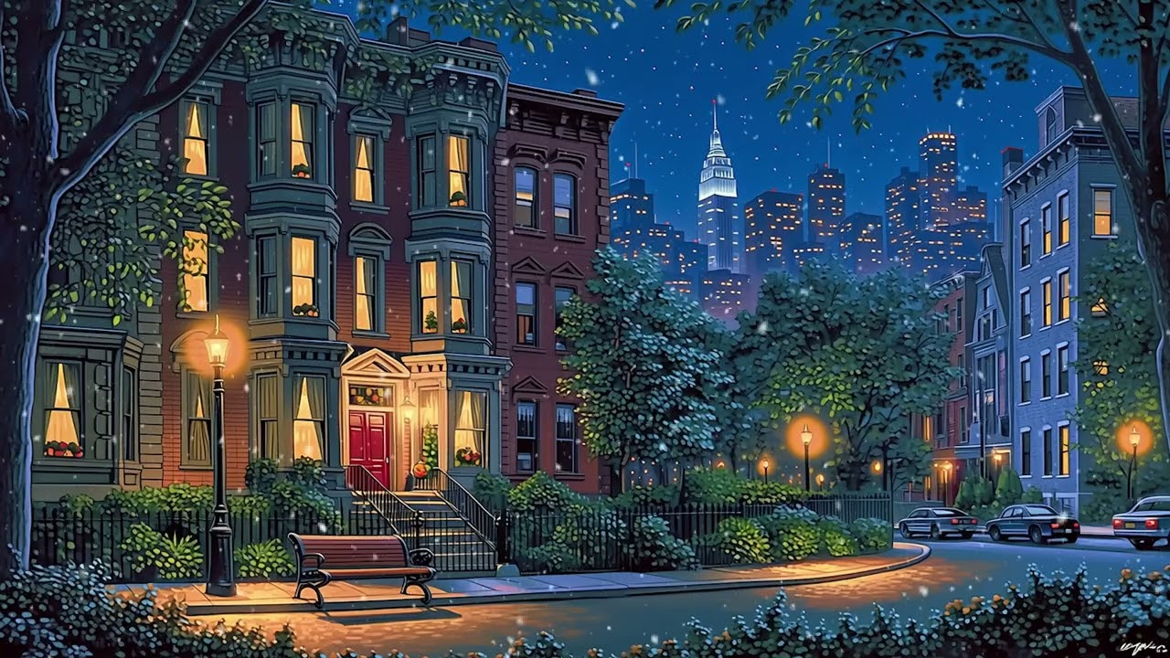 winter in new york city with vintage oldies playing in another room (crackling fireplace & blizzard)