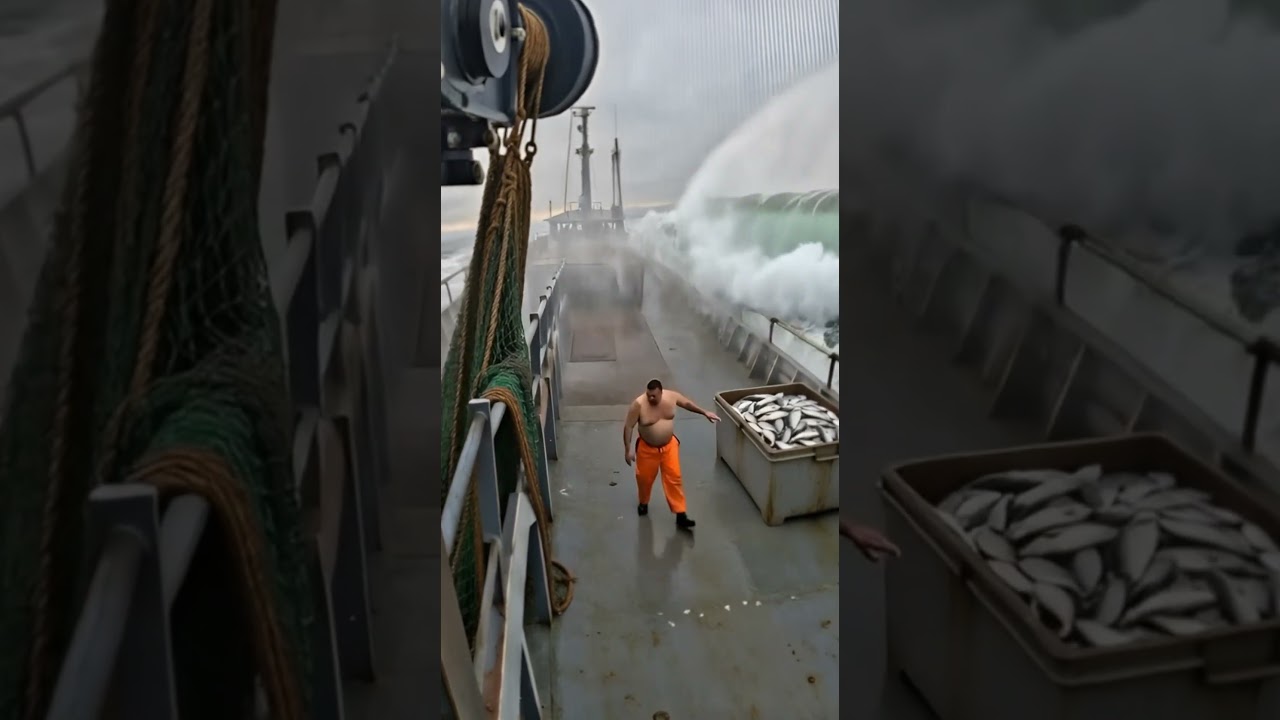 Monster wave knocks him to the deck! 🌊🎣