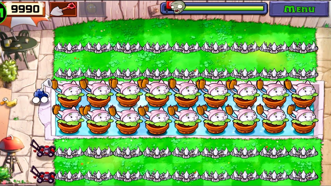 Plants Vs zombies Survival Pool Cattail+SpikeRock Vs All Zombies Gameplay 