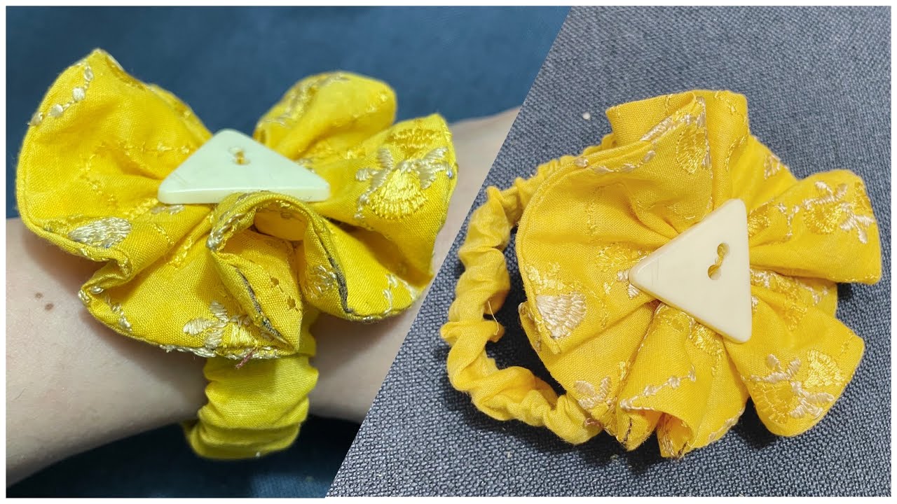 How to make fabric scrunchie button hair tie/flower bracelet.
