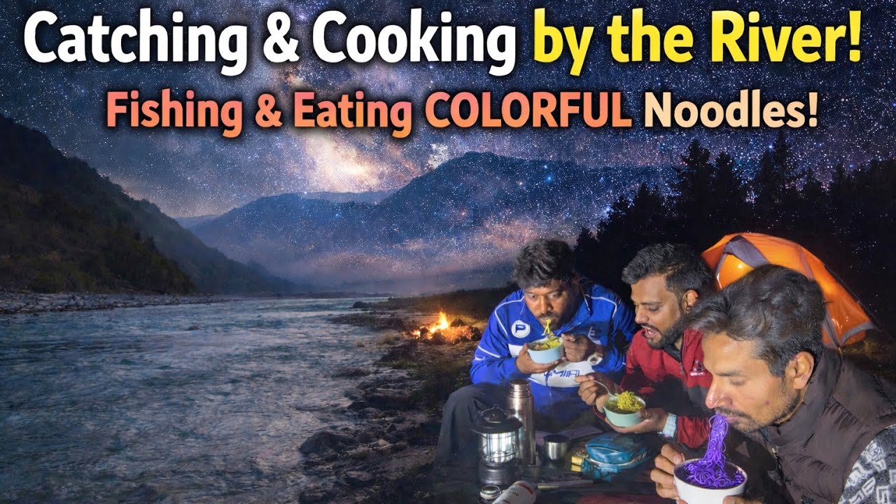 🌌 Camping by the River Under a Starry Sky | Colorful Noodles Night Cook 🍜🔥