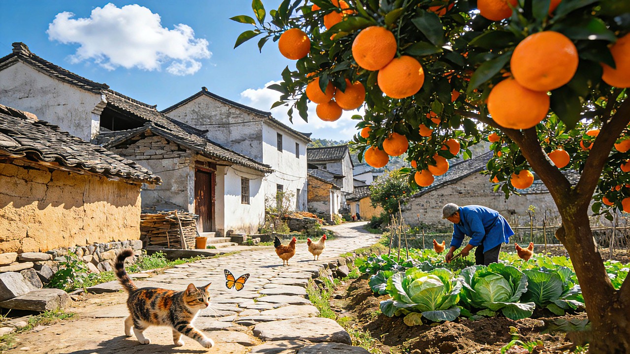 The REAL China: Oranges, Cats & Riverside Farm Life Walk in 4K