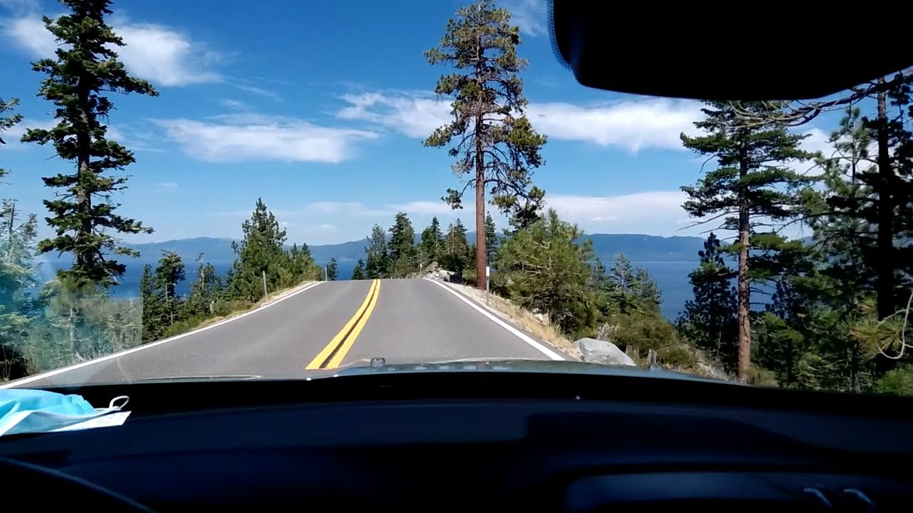 Scary scenic drive on a skinny mountain ridge along Emerald Bay Road  in Lake Tahoe