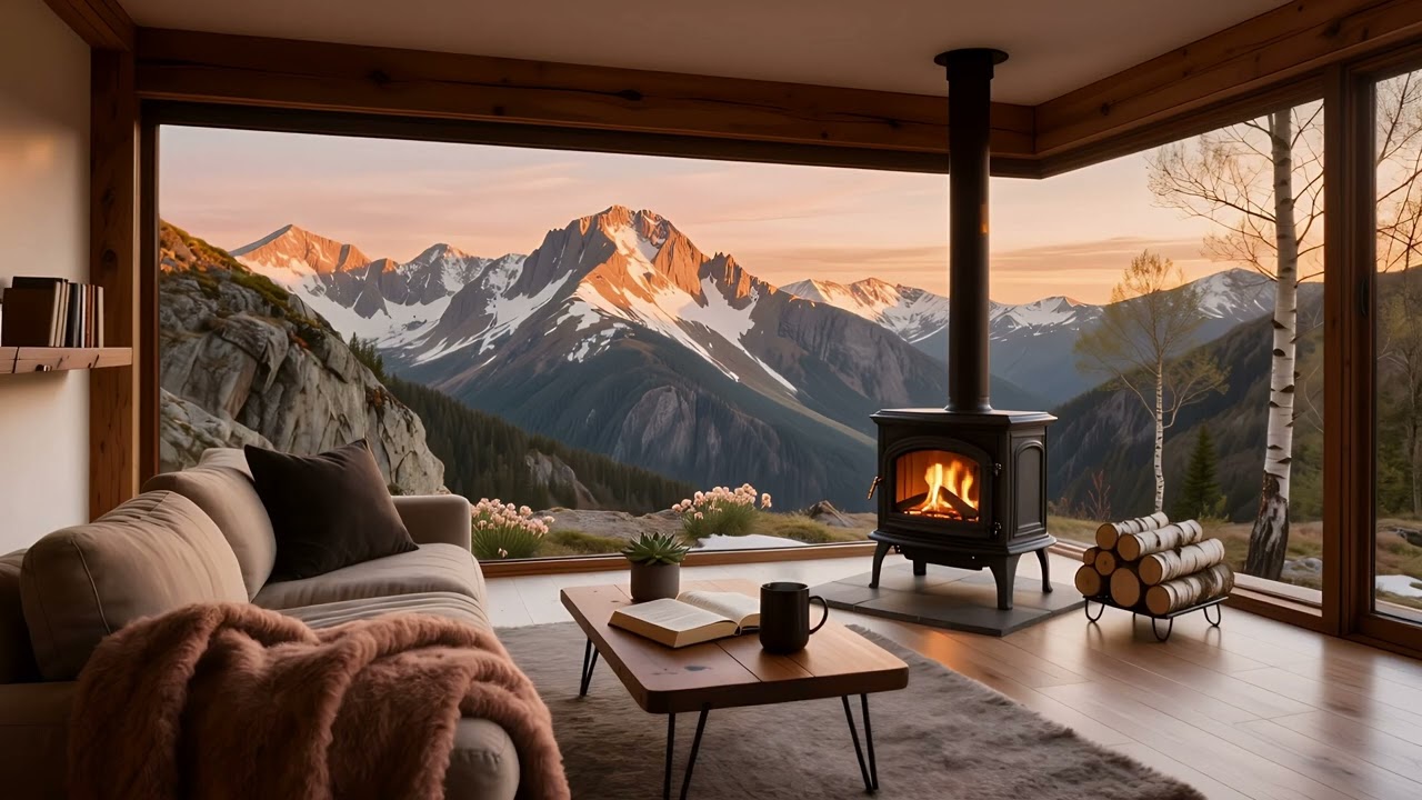 Wood Stove in the Mountains 🏔️🔥 | Cozy Glass Cabin Living Room with Snow-Capped Peaks at Sunset