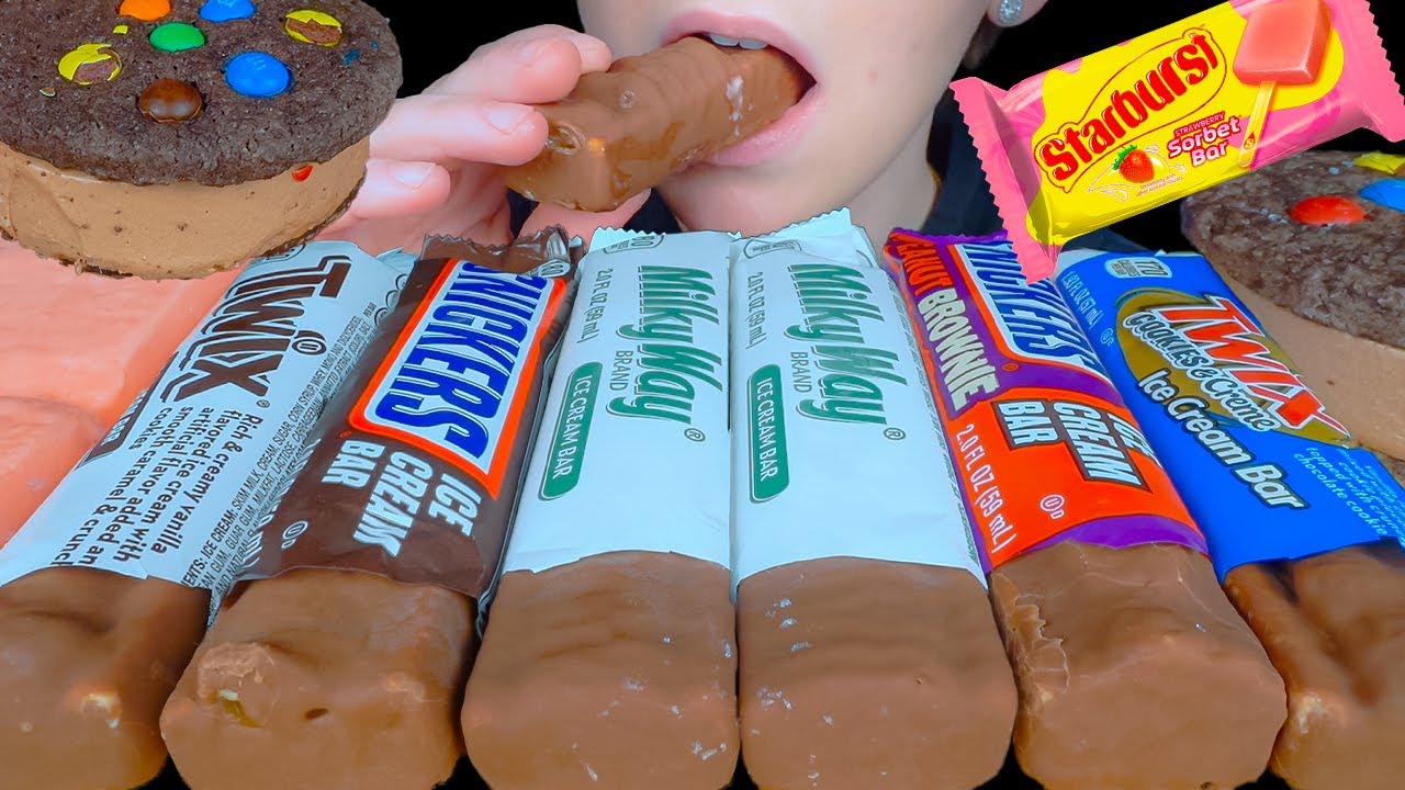 ASMR Chocolate Candy Ice Cream Bars *Snickers, Twix, Milky Way, M&M Sandwich & Starburst Strawberry