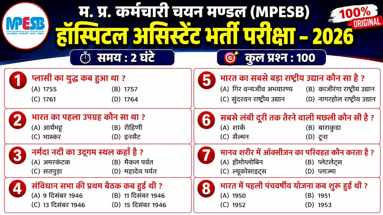 MP Hospital Assistant Viral Question Paper 2026 || MPESB Hospital Assistant Previous Year Questions