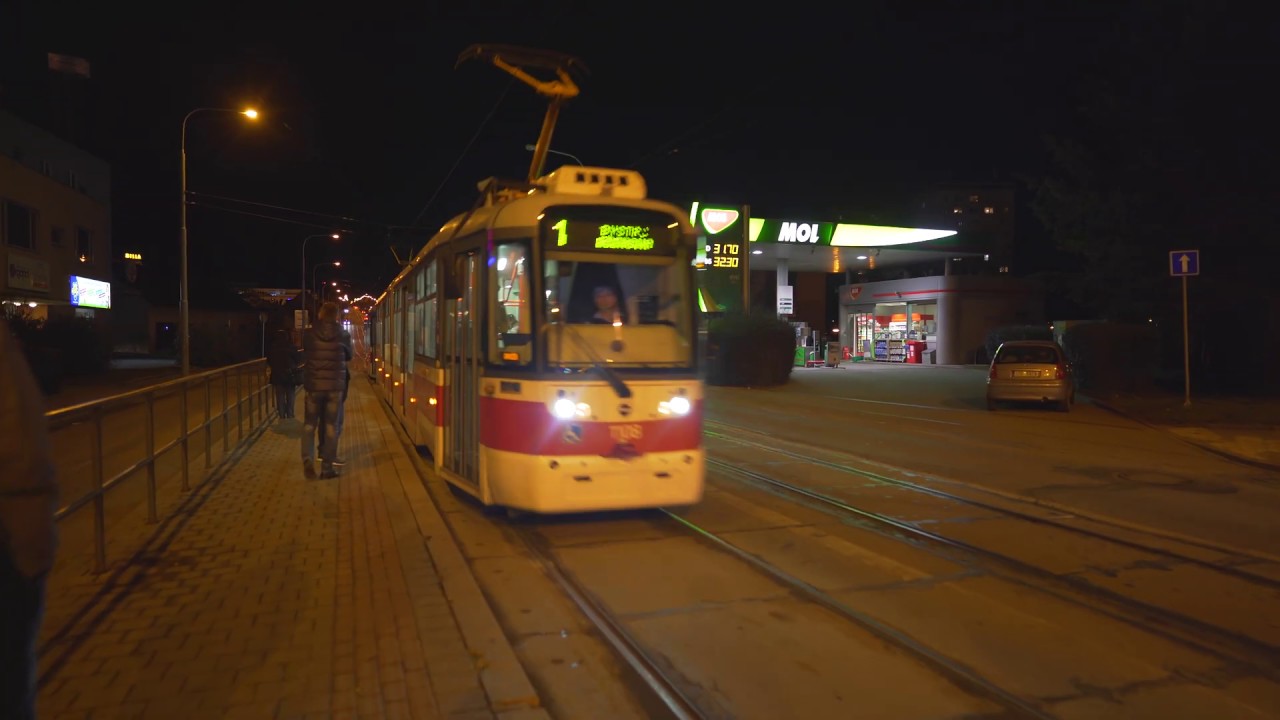 Czech Republic, Brno, tram 1 night ride from Hudkova to Moravské náměstí