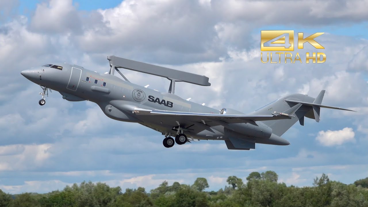 (4K) Bombardier Global 6500 Saab Global Eye AWACS SE-RMS departure RAF Fairford RIAT 2023 AirShow