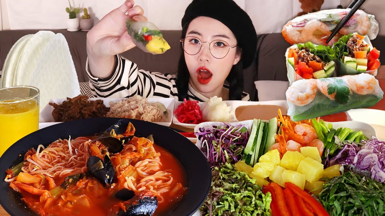 🍜Vietnamese spring rolls, spicy rice noodles mukbang Gỏi cuốn, phở cay