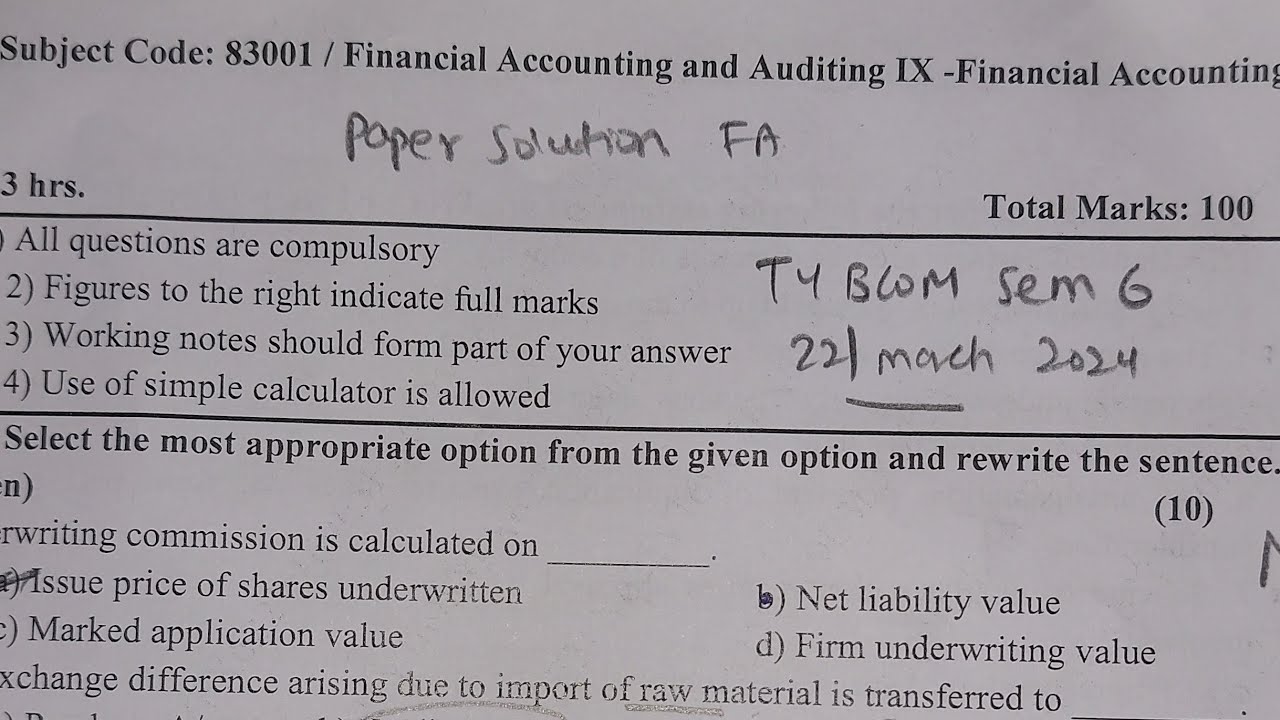 22nd March 2024 UNIVERSITY PAPER SOLUTION  exam #Financial_Accounts tybcom sem6 PAPER SOLUTION