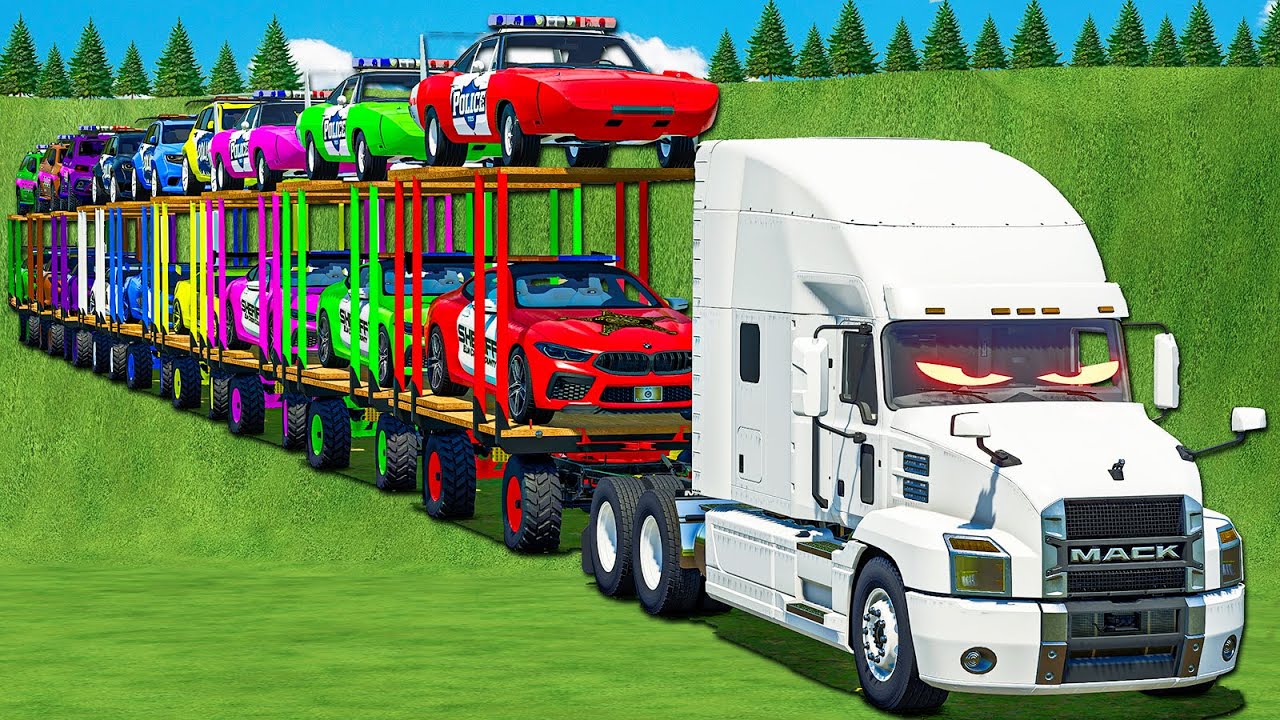 LONG CONVOY TRANSPORT OF COLORS! COPS MUSCLE CARS, JEEP POLICE, MERCEDES, BMW! FS 25