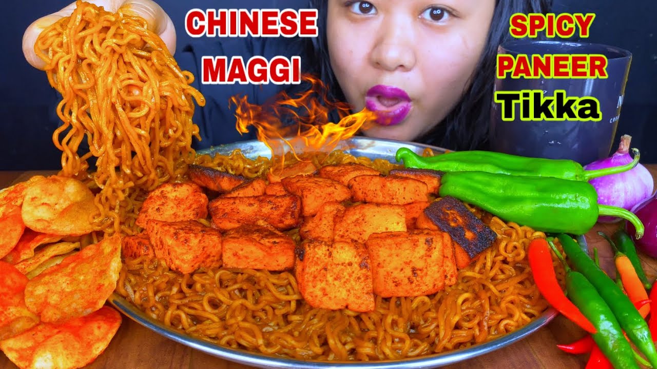 EATING CHINESE STYLE MAGGI WITH SPICY PANEER TIKKA MASALA & CHILLI MUKBANG | MAGGI EATING CHALLENGE 