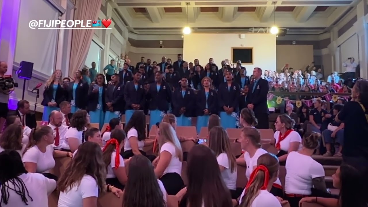 The Fiji XV sing a Waiata at the 2025 Women's Rugby World Cup Welcome Ceremony in York, England.
