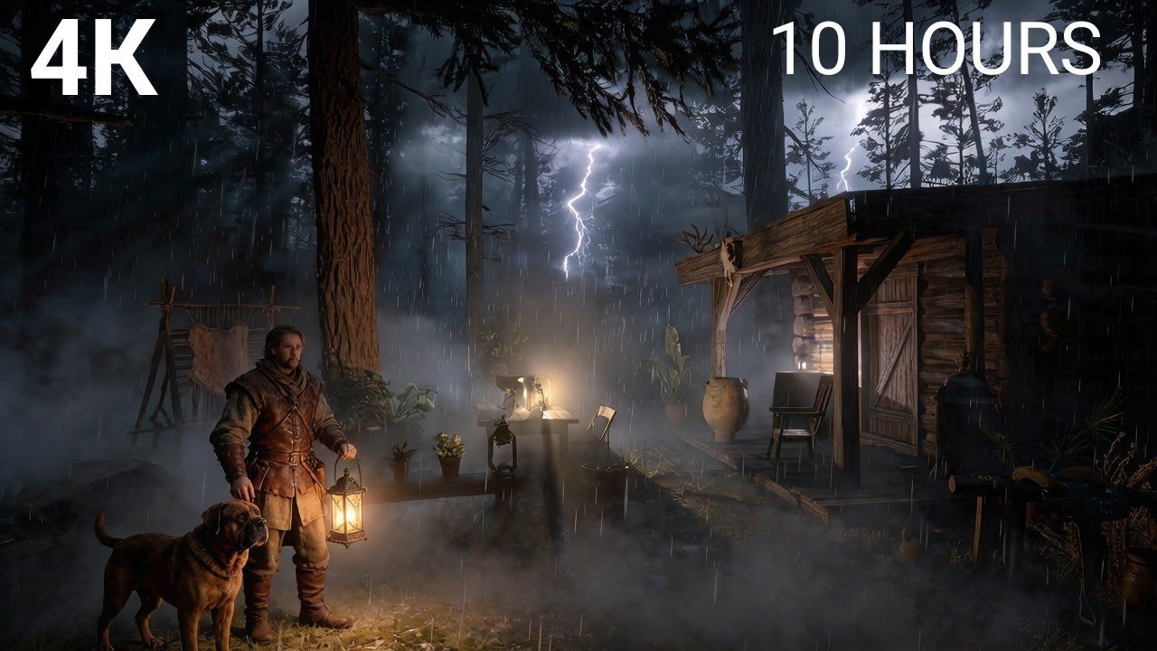 A Hunter's Lodge in a Cozy Rainstorm 🌲 10 Hours of Rain & Thunder Sounds for Deep Sleep & Relax