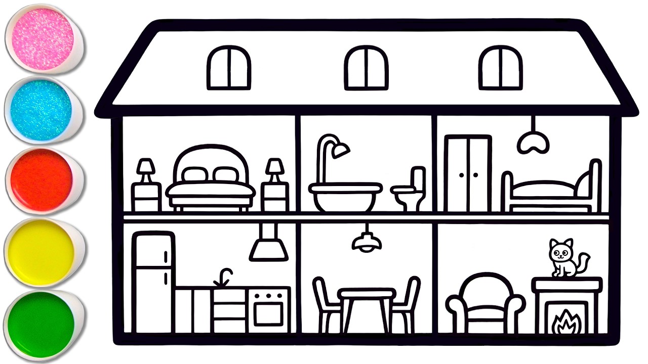 Gambar Potongan Interior Rumah Dengan Ruangan-Ruangan Menggambar, Melukis, Mewarnai untuk Anak #418