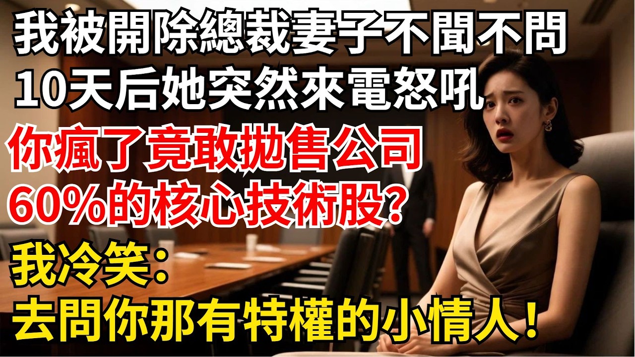 我被開除，董事長妻子不聞不問，10天後她突然來電怒吼：「妳瘋了，竟敢抛售公司60%的核心技術股？」我冷笑：去問妳那有特權的小情人！【夜半心聲】#男頻小說#都市#故事#小說#爽文