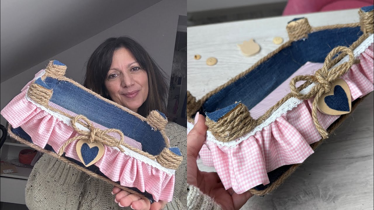 Tutorial con riciclo Cassetta di legno e jeans