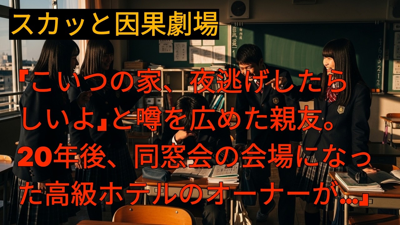 [スカッと因果劇場] 「こいつの家、夜逃げしたらしいよ」と噂を広めた親友。20年後、同窓会の会場になった高級ホテルのオーナーが…」