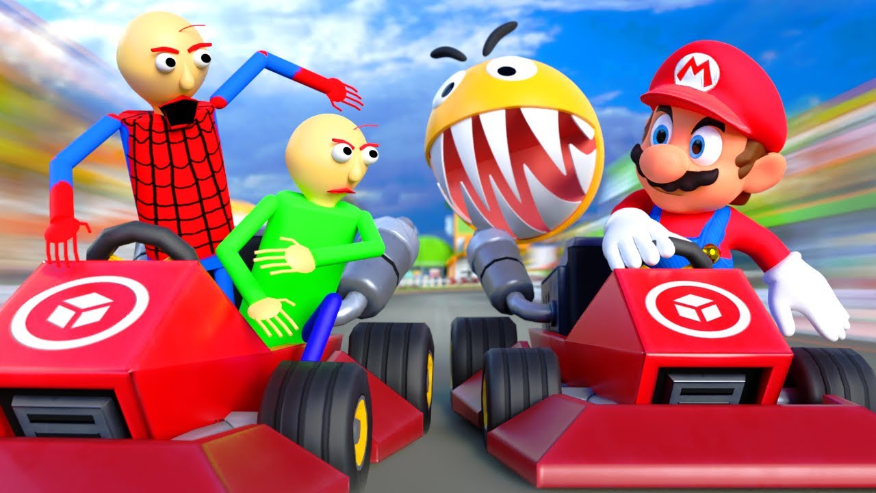 Супер Марио и Рок Пакман против Балди в гонке Mario Kart 4K