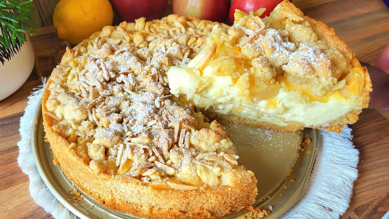 Der beste Apfelkuchen mit Streuseln und cremig leckerem Vanille Quark Pudding, einfaches Rezept 