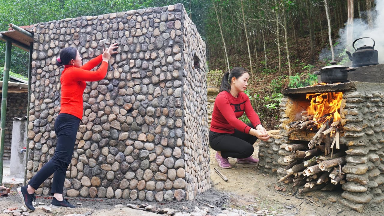TIMELAPS 30 Day START to FINISH Alone Build Bathroom - Building Kitchen Stove With many stone