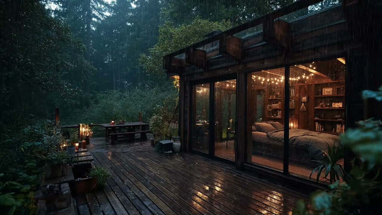 Soothing Rain Sounds in Pine Forest Cabin 🌧️ Warm Lamp Glow & Books for Deep Sleep Tonight