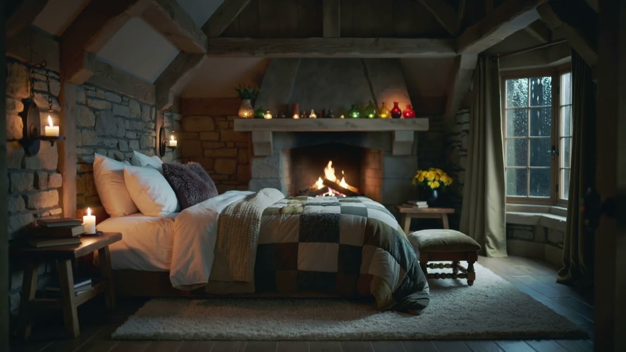 ASMR Heavy rain on castle window and Fire place
