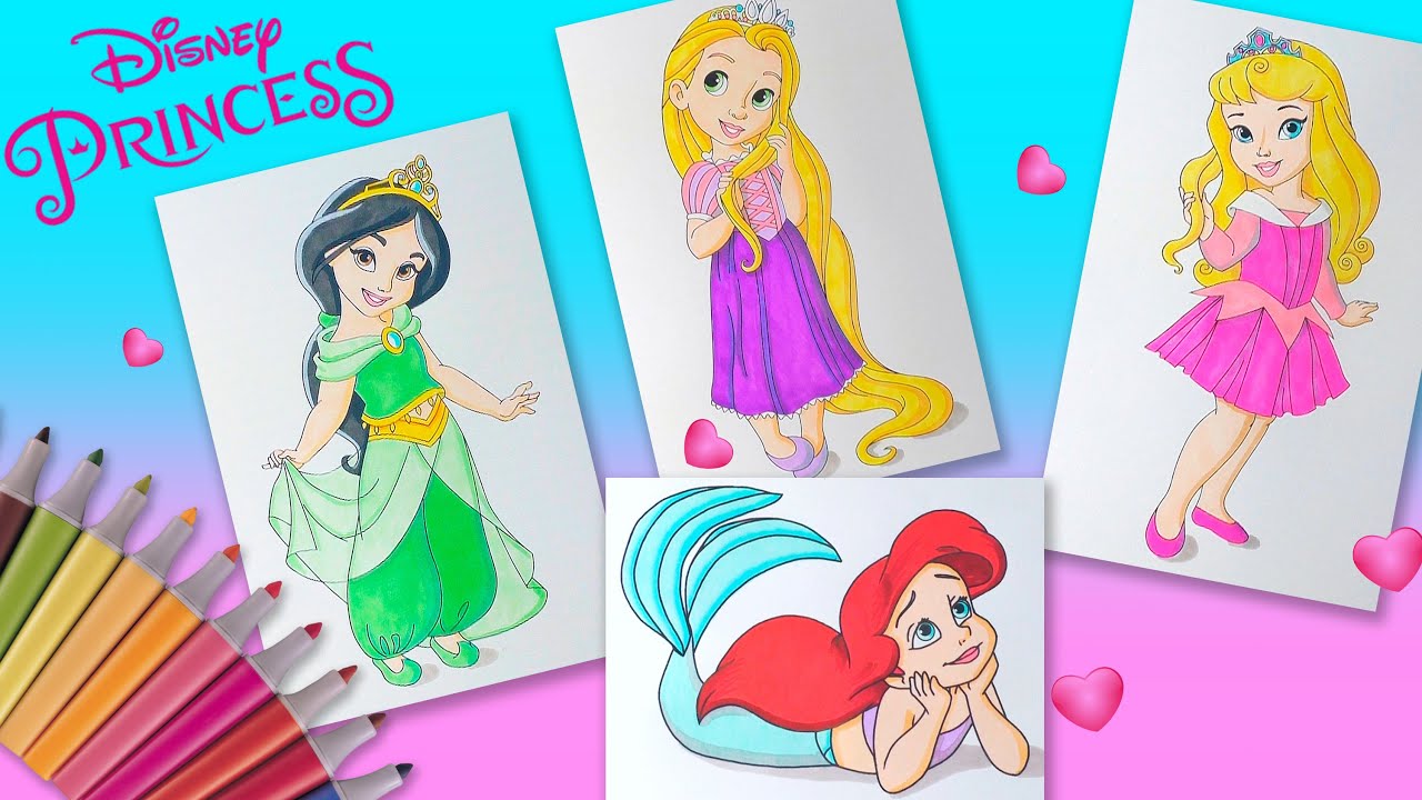 Baby Disney princess Coloring Pages For Kids. Princess Rapunzel Jasmine Aurora Ariel Coloring