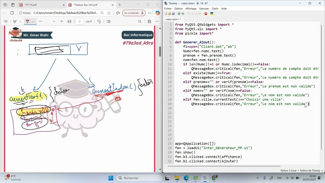 Astuces sûr currentText() and currentIndex() sur Qt designers Bac informatique
