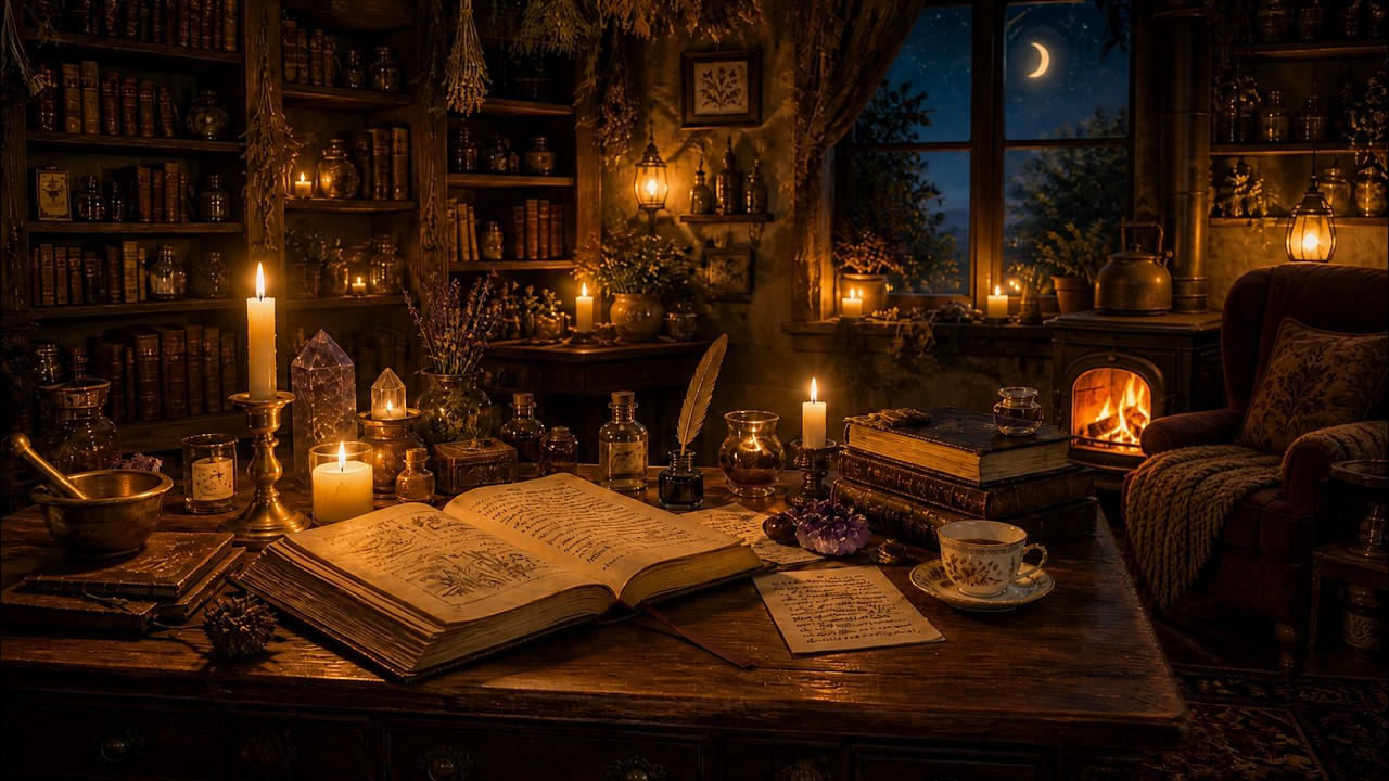 Cozy Witch Study by Candlelight 🌙 Moonwillow Cottage Fireplace Ambience 6 Hours