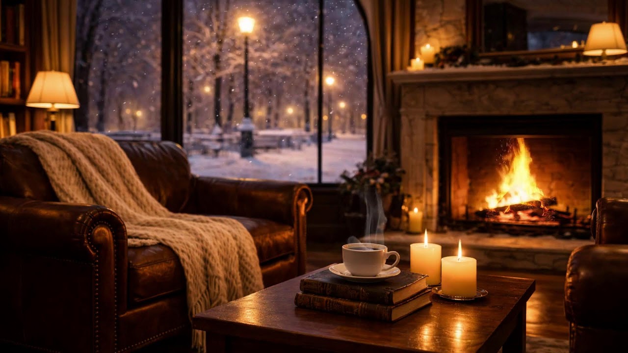 Winter Night Fireplace  Cozy Lounge Ambience No Music