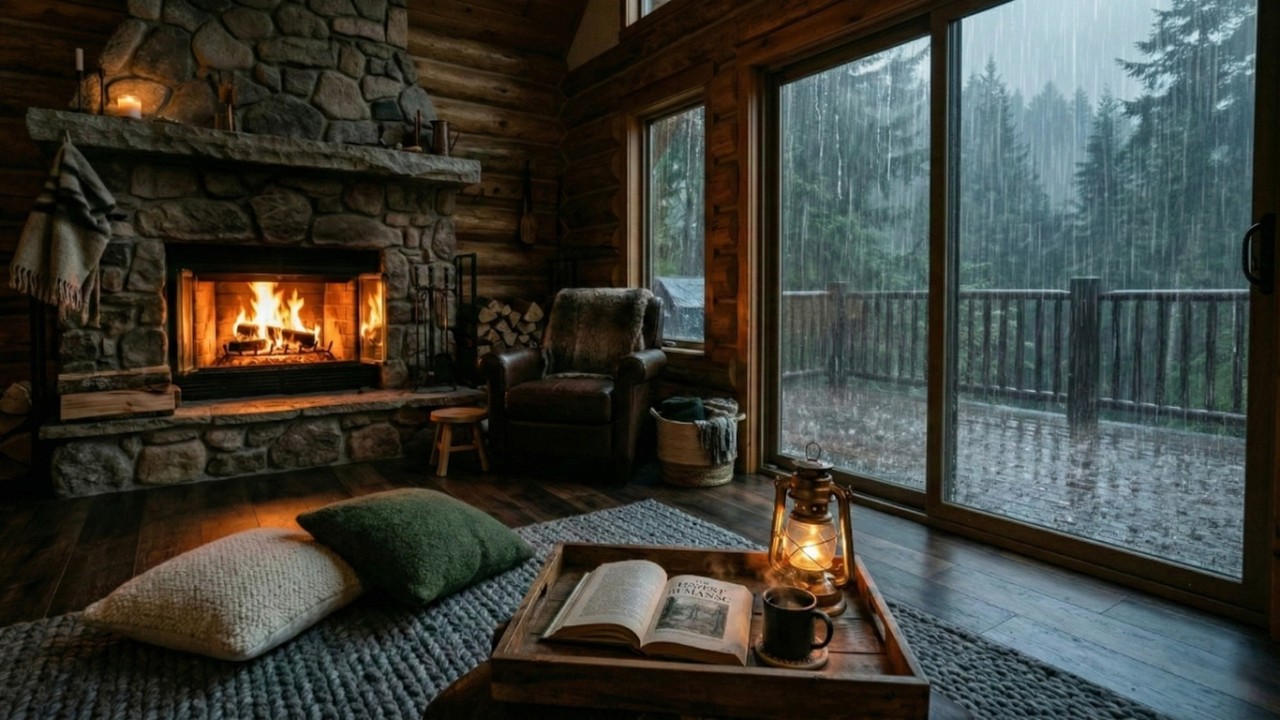 🌧️The sounds of rain and fire in the bedroom of the forest cabin. Perfect for reading and deep sleep