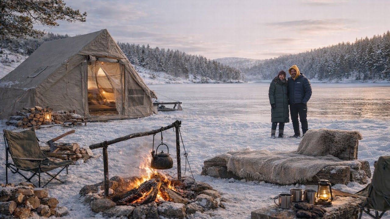 Donmuş Göl Kenarında Sobalı Çadır Kampı - Camping with a fireplace  by the frozen lake